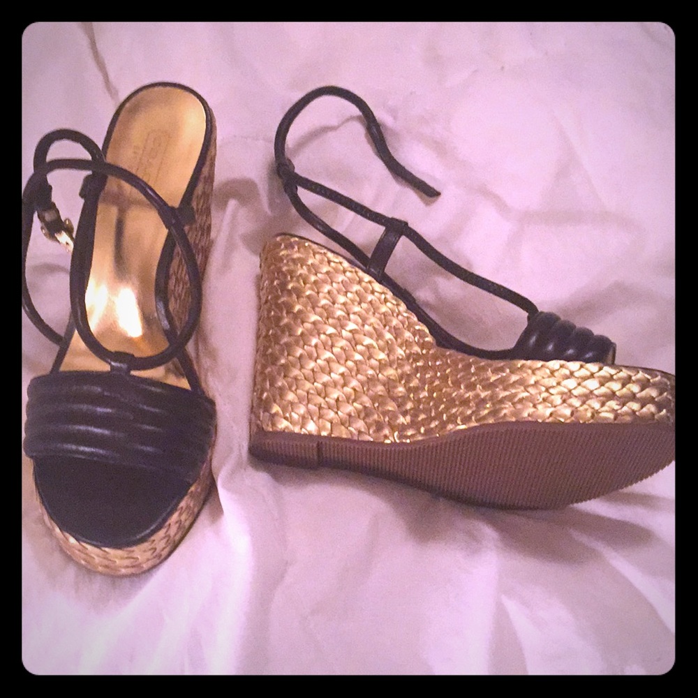 Coach black & gold wedges. Brand new, never worn.